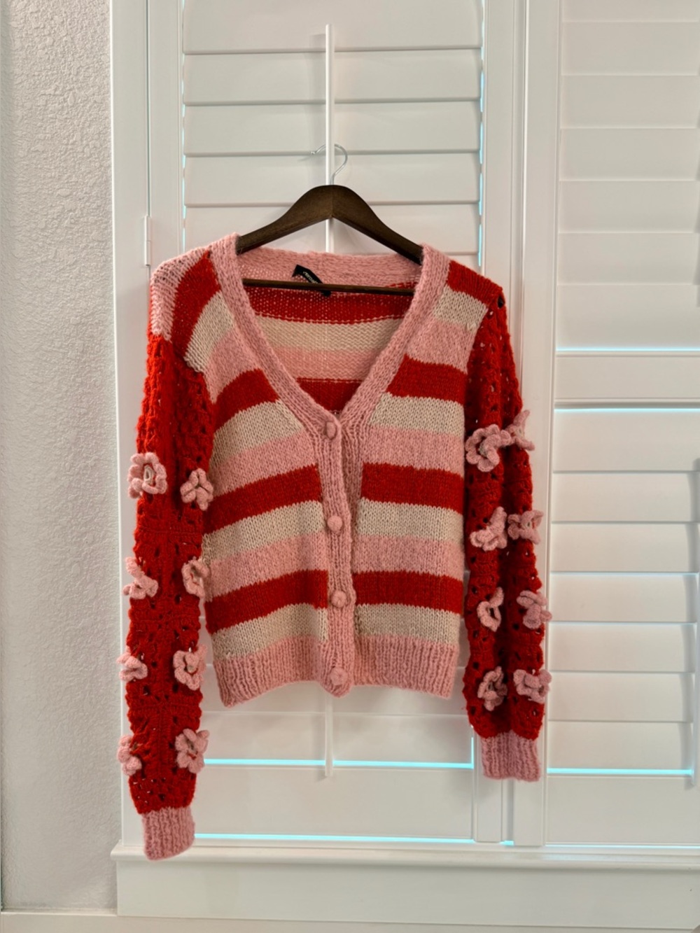 Anthropologie Veroalfie Striped Pink and Red Floral Accent Cardigan Sweater